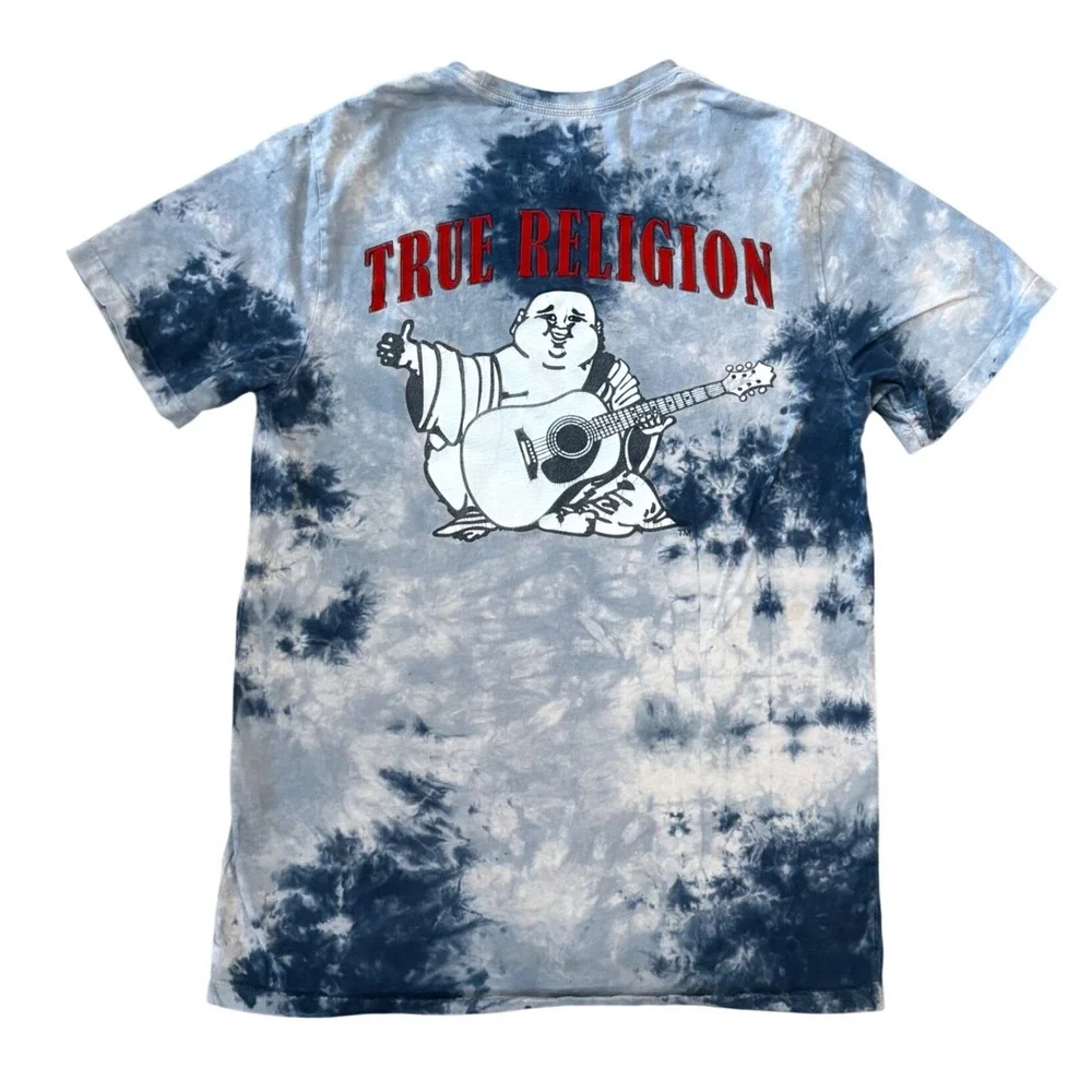 True Religion T-Shirt Mens XS Blue Tie Dye Buddha Logo Crew Neck